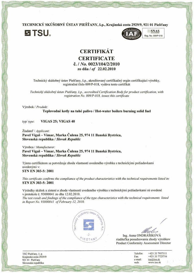 Certificat EN 303-5 25-40 AK 3000